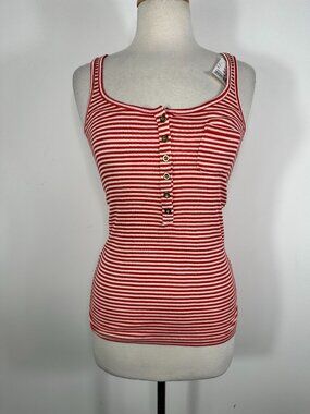 NWT J.Crew Y2K Striped Red/White Henley Chest Pocket Tank Top Women's Size XS